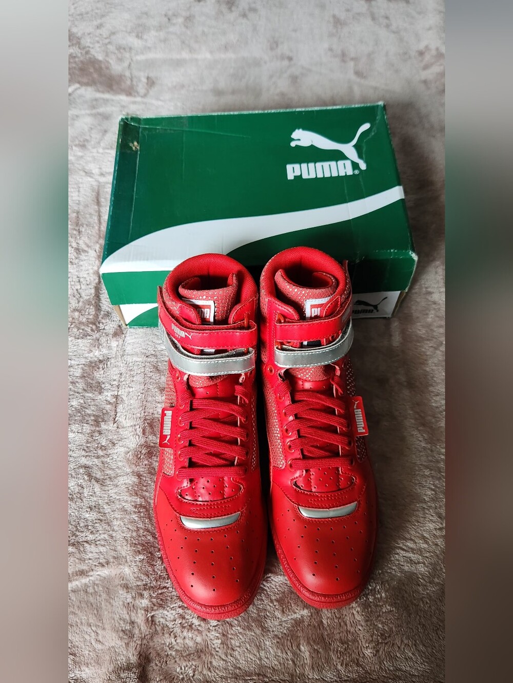 NWT. Puma Red High-Top Sneakers with Silver Strap Accents. Size 9. NIB.